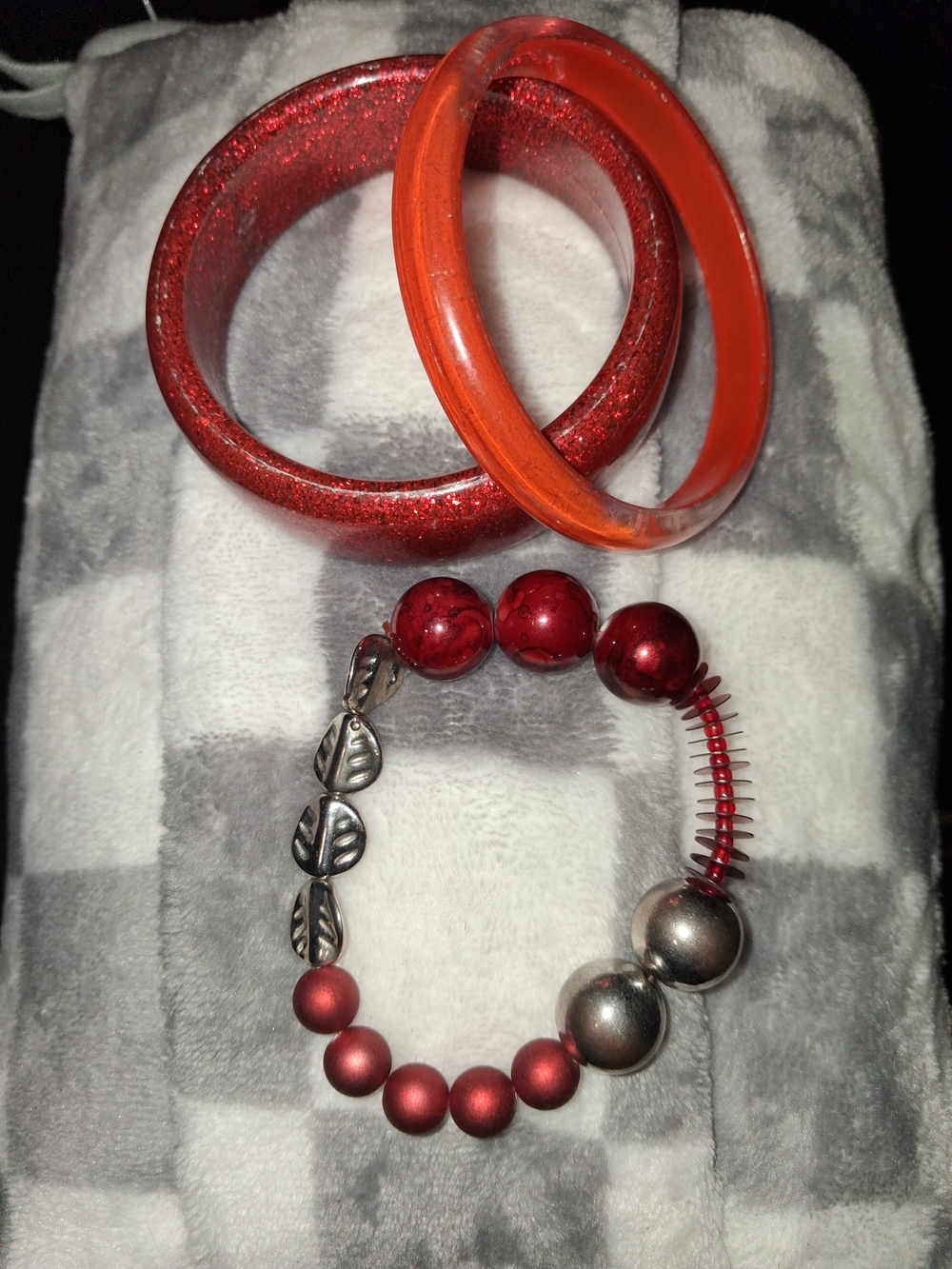 Red and Orange Resin Bangle Set with Red Bead Bracelet
